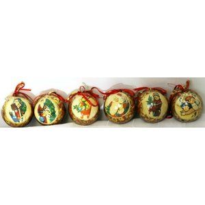 VTG Style Red Gold Christmas Scene Ornaments Set 6 Santa Claus Sledding Sleeping